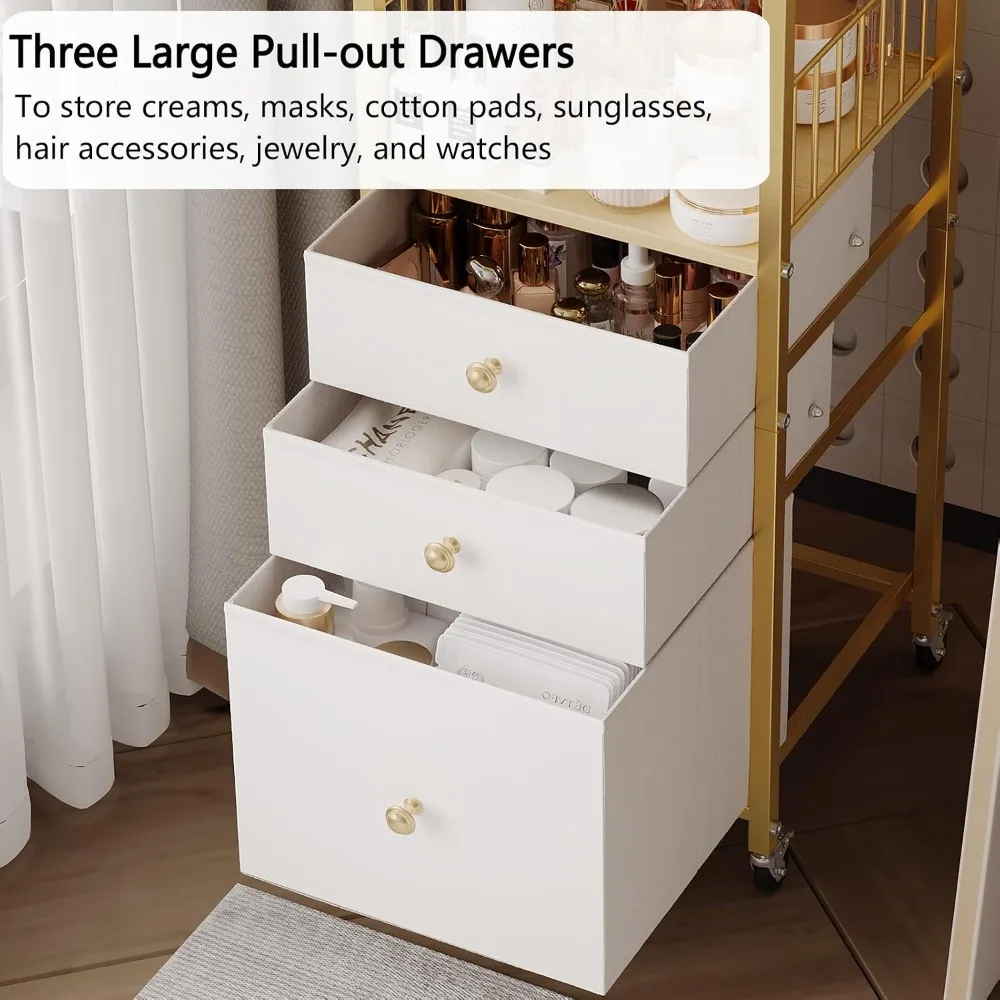 Floor Makeup Organizer Cart with Drawers, 3-Tier Cosmetic Storage for Skincare, Perfume, Nail Polish, Hair Tools, Gold view 4
