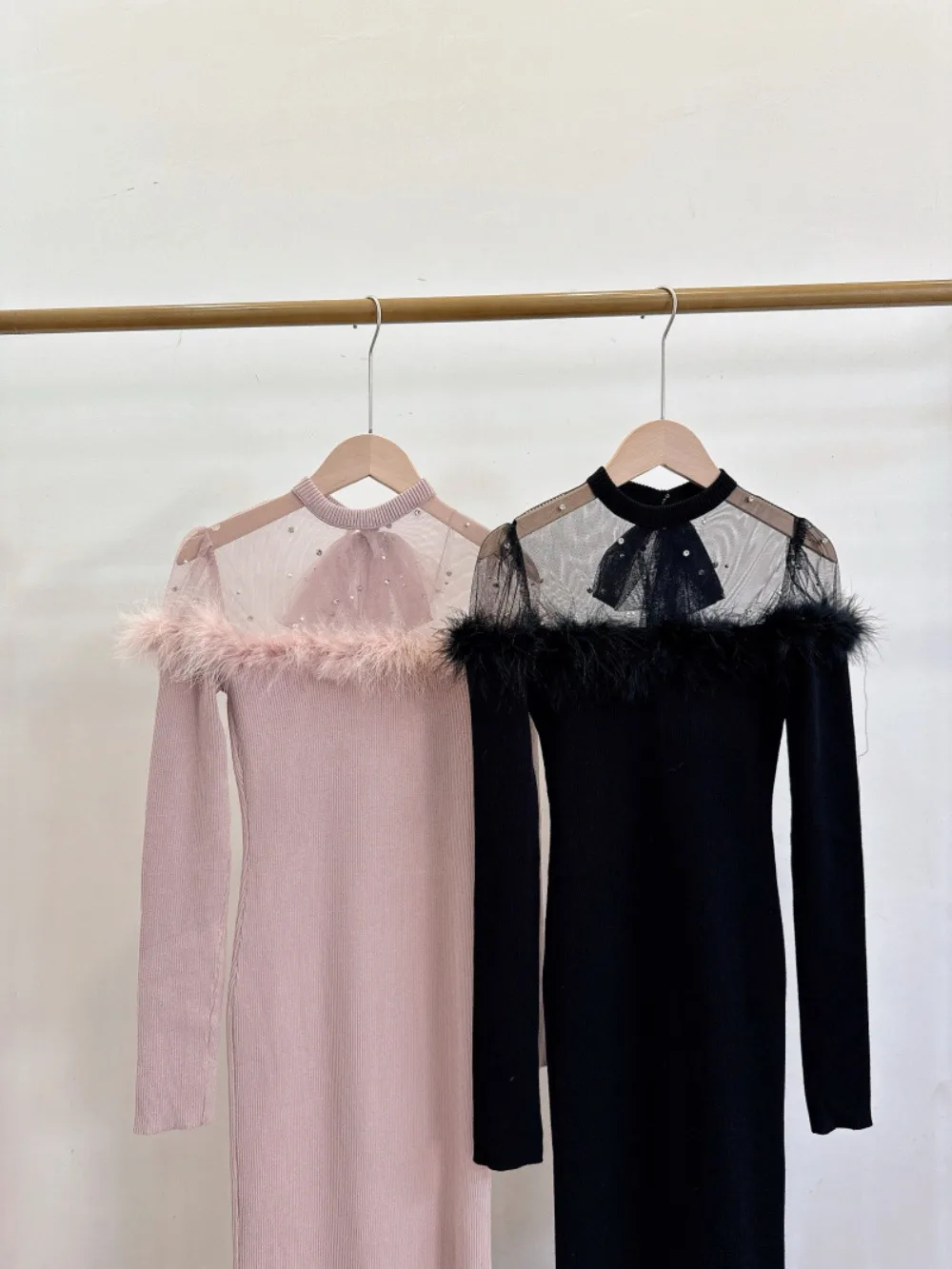 Luxury Feather New Beading Mermaid Robe Mesh Patchwork Celebrity Elegant Dress Japan Slim Bodycon Knit Fashion Vestidos