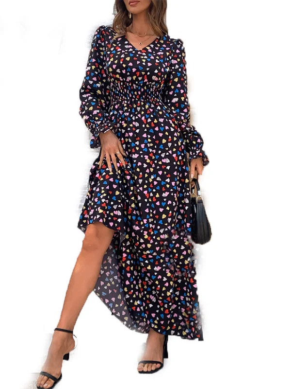 เดรสยาวพิมพ์ลายหัวใจทรงวีเข้ารูป ดีไซน์ใหม่สไตล์เรโทรลายดอกไม้ ช่วยกระชับเอว