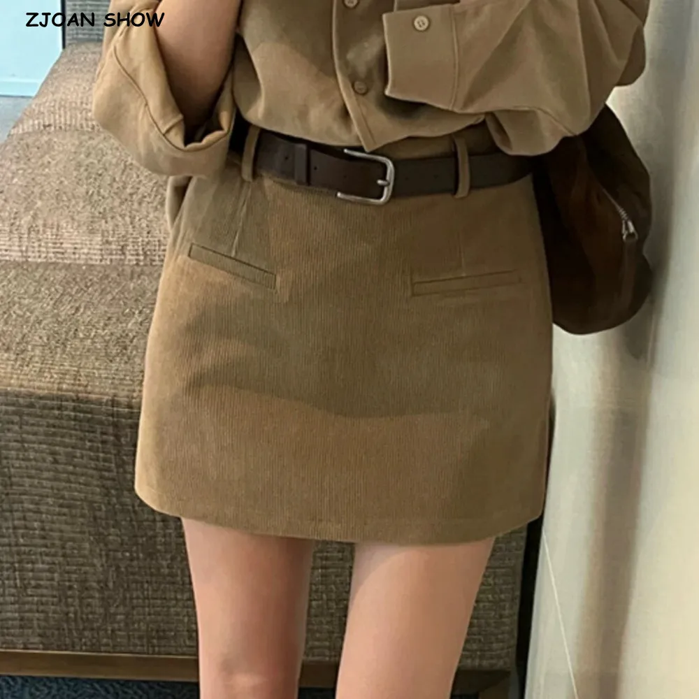 

2025 Vintage High Waist Mini Corduroy Skirt With short lining Sexy Package Hips Short Skirts Skater Femme Khakiyellow Coffee