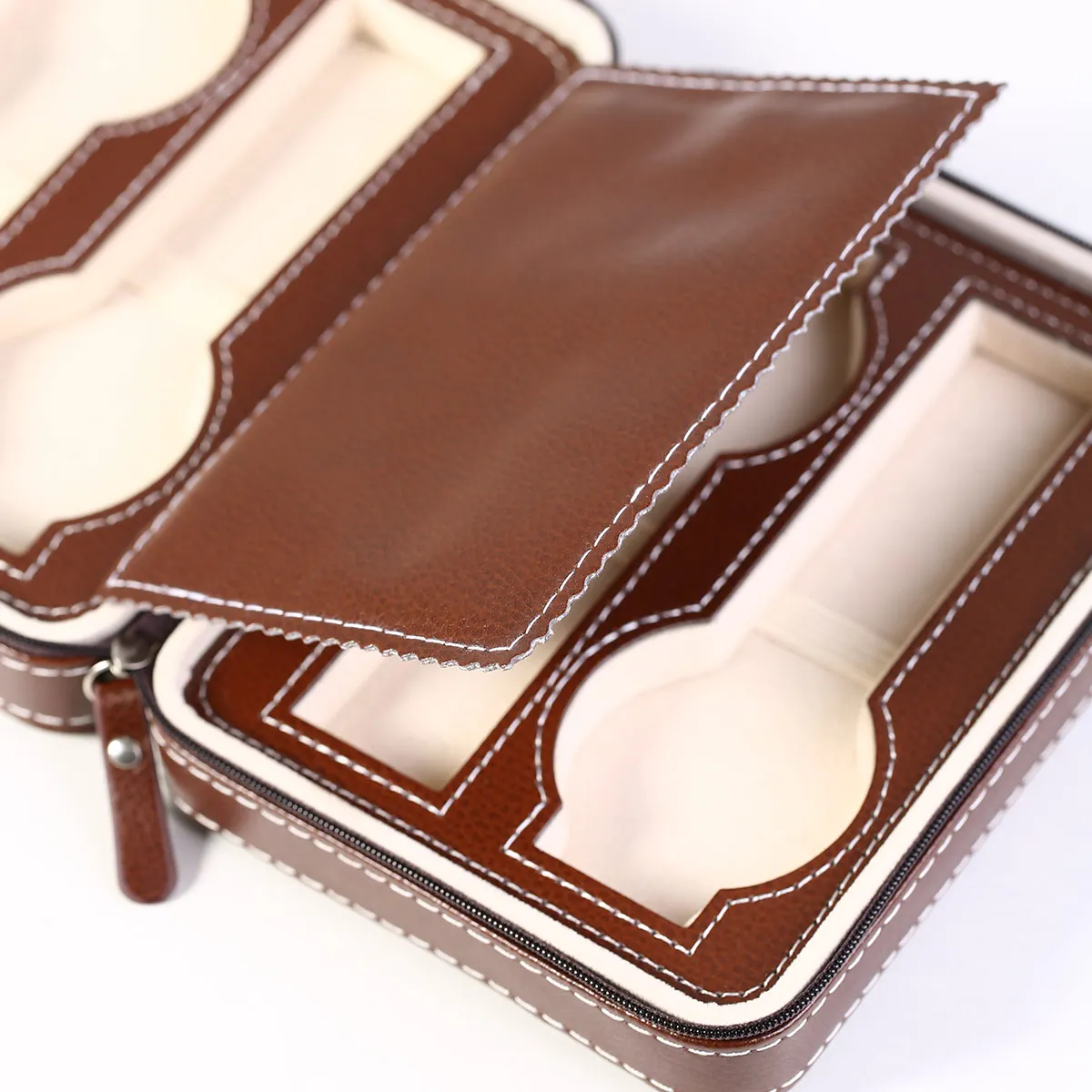 قطعة واحدة، صندوق تخزين الساعات العتيقة، صندوق ساعة عالي الجودة من جلد البولي يوريثان، صندوق بسحاب، صندوق مجوهرات محمول، صندوق عرض مدمج #6