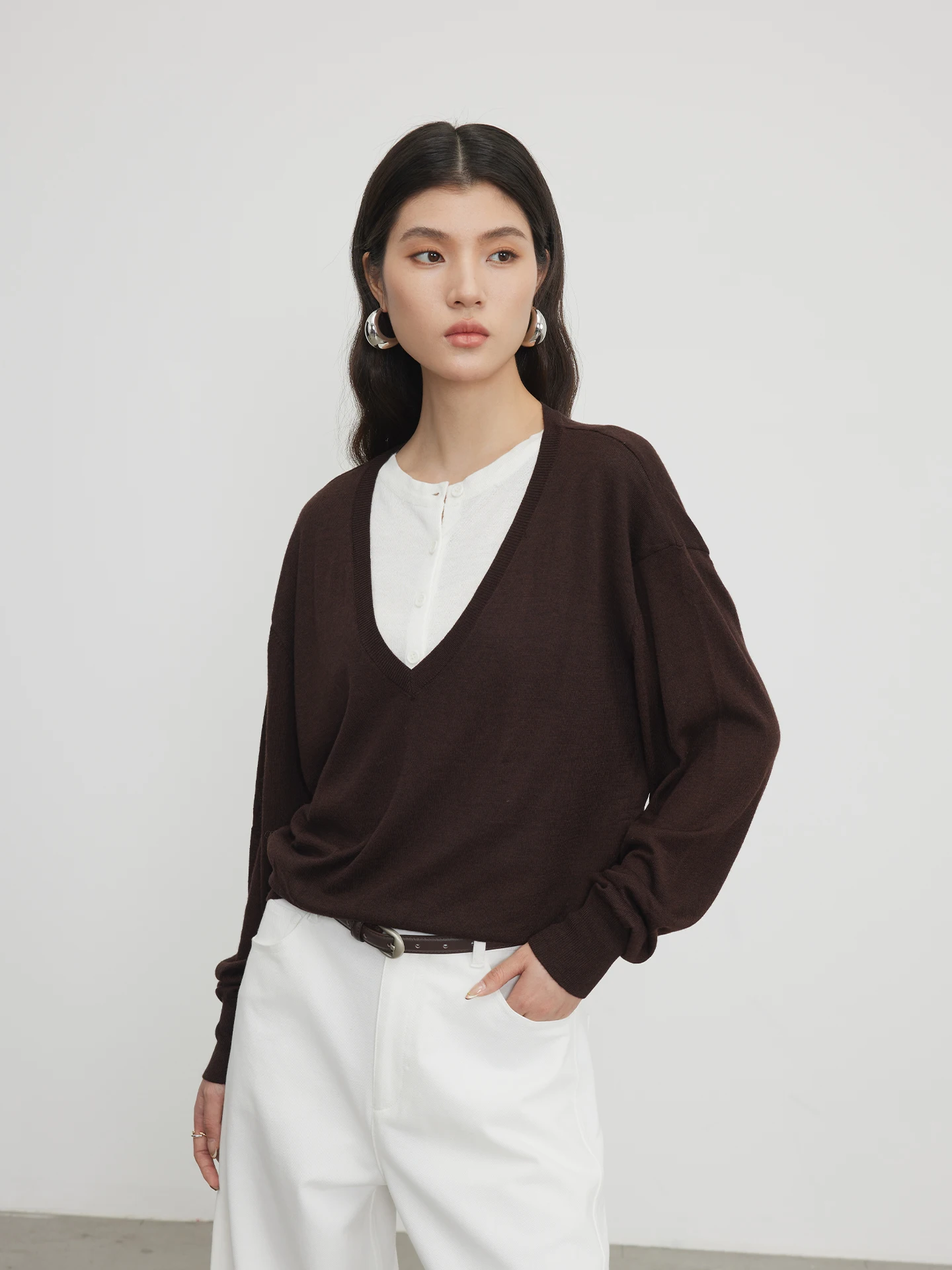 

KEARA Casual Loose Fit Long Sleeve Knitted Sweater Dark Brown Women's Inner Wear Fake Two-Piece Design Comfortable Breathable