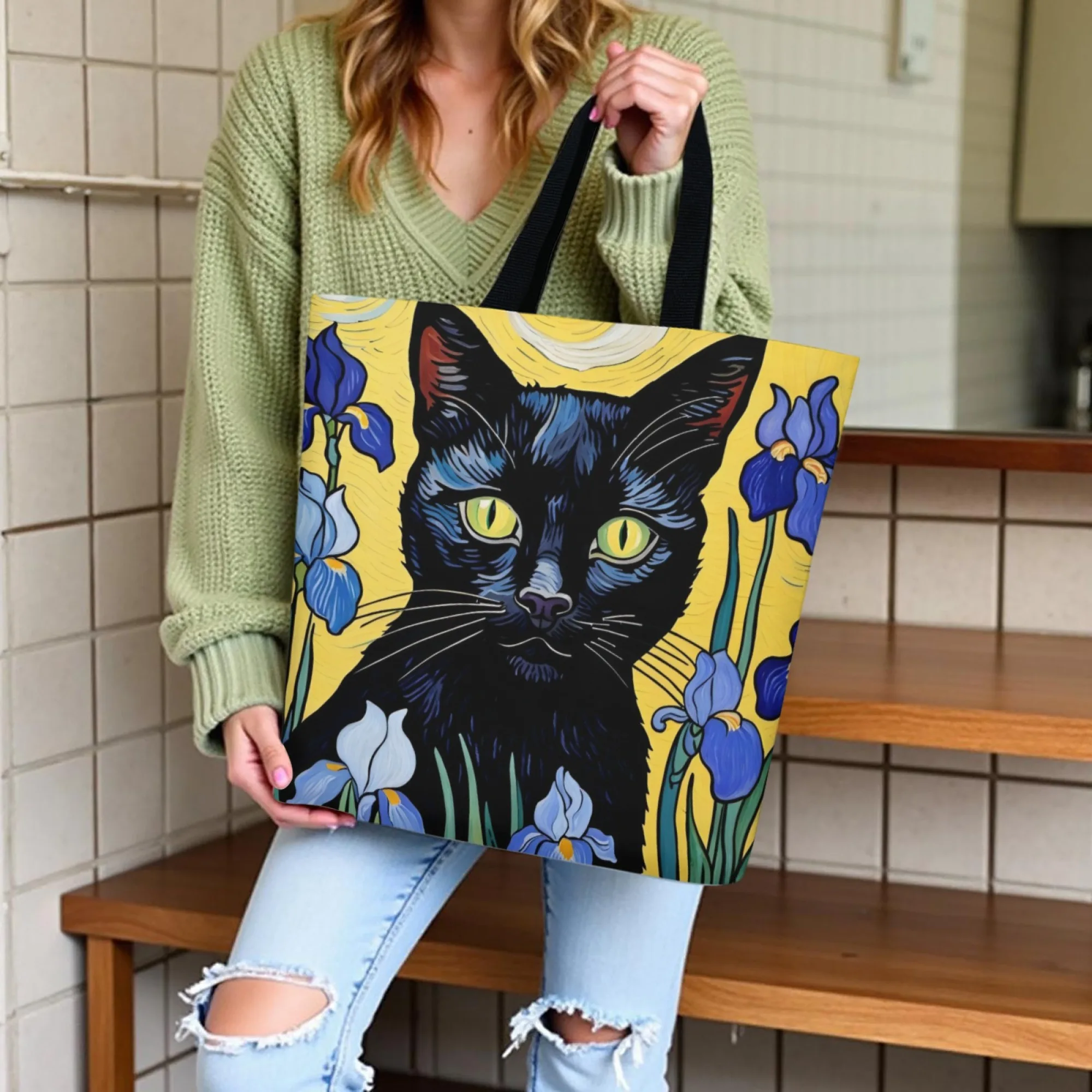 فان جوخ نمط القط الأسود والقزحية قماش حمل حقيبة الانطباعية الفن طباعة حقيبة كتف قابلة لإعادة الاستخدام هدية مثالية لمحبي الفن والقطط #3