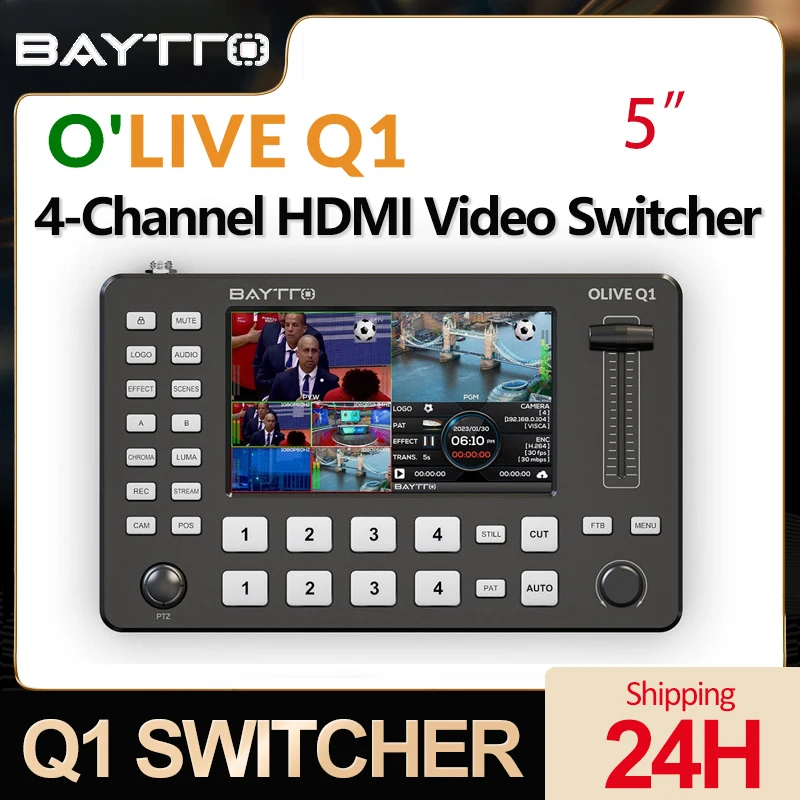 

BAYTTO Q1 4 Channel Video Switcher 5 Inch Full HD Screen Live Guide Switcher Push Streaming/Recording Live Streaming