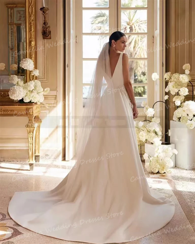 Vestidos De Novia con apliques clásicos para mujer, traje Sexy De satén con cuello redondo, sin mangas, espalda descubierta