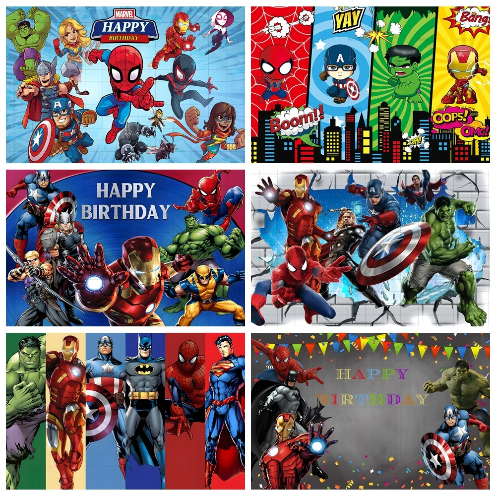 Toile de fond thème Avengers avec nom personnalisé, bannière de fête d'anniversaire pour enfants, affiche de fond de photographie de héros de ville, Spider-Man Hulk Iron Man