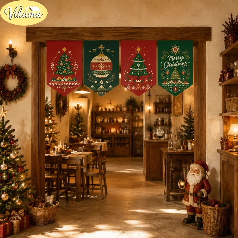 VIKAMA Christmas Nordic Folk Merry Xmas Pennant Flag Set Pine Bauble Scarlet Emerald Vintage Rustic Doorway Hanging Kitchen Soft