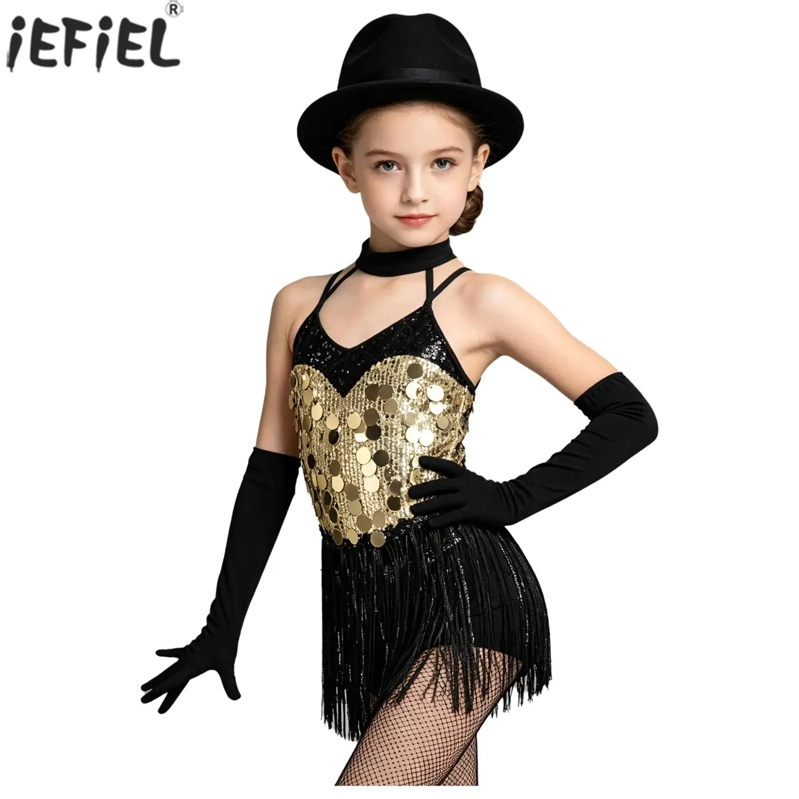 Kinder Mädchen Quasten Latein-Tanzkleid Neckholder Ärmellos Glänzende Pailletten Fransen-Trikot mit Handschuhen Ballsaal Tango Samba Kostüm