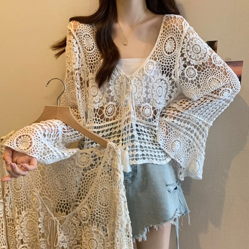 2025 Spring and Autumn Embroidered Hollow Long Sleeve Beach Cover Up Sun Protection Shirt Women's Tops Coat Outerwear Pullover