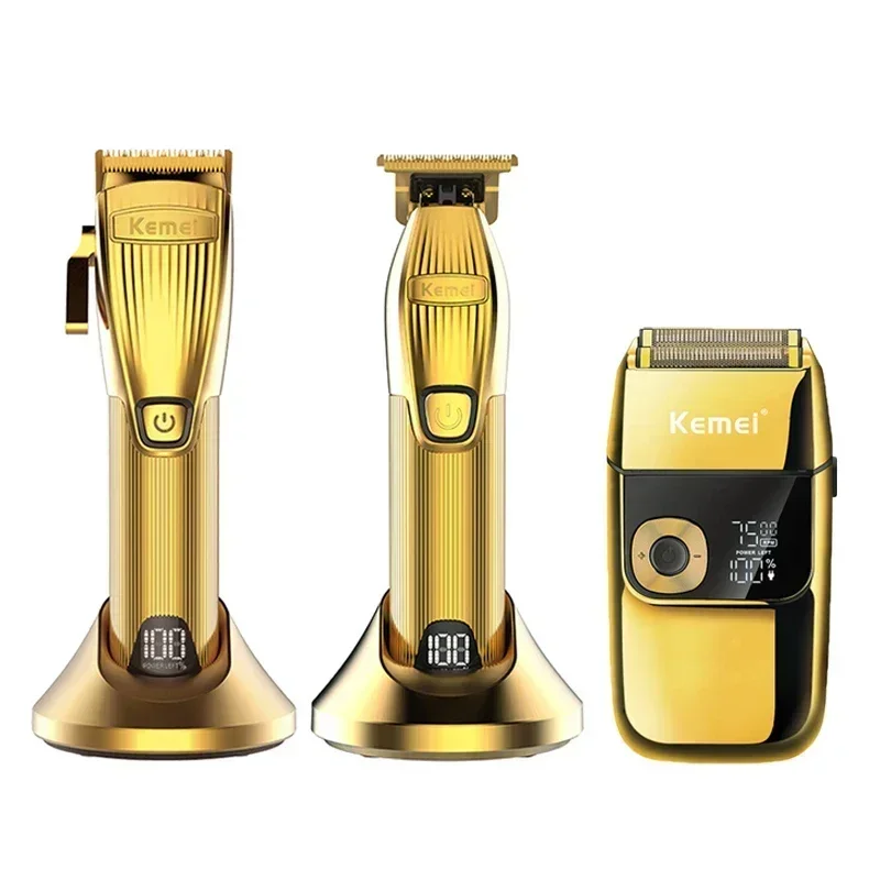 

Kemei Professional Rechargeable Hair Trimmer Portable Gold Cordless T-blade Hair Clipper Shaving for Stylists Barber Beard Cut