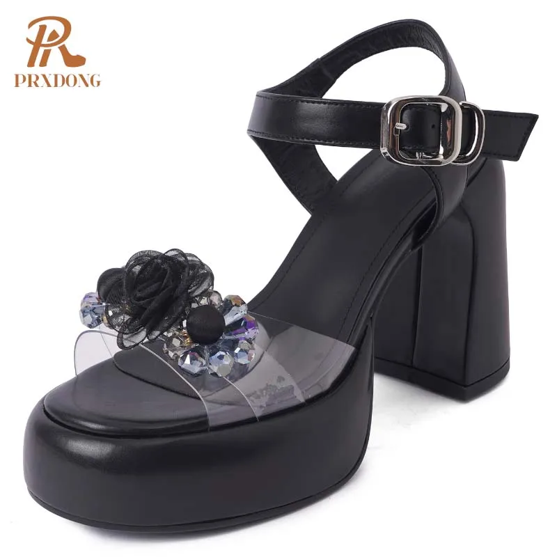 PRXDONG-Chunky High Heels for Party, Lady Pumps, Bombas, Sandálias, Plataforma, Flores, Preto, Bege, Clássicos, Verão, Casamento, Novo, 2022