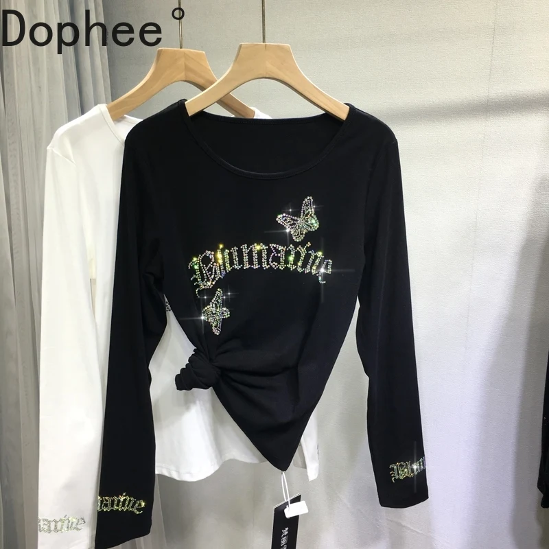 

Fashion Lady Large Size Women T-shirt New Autumn Winter Long Sleeve Black Slimming Basic Tees Shiny Diamonds Cotton Pullover Top