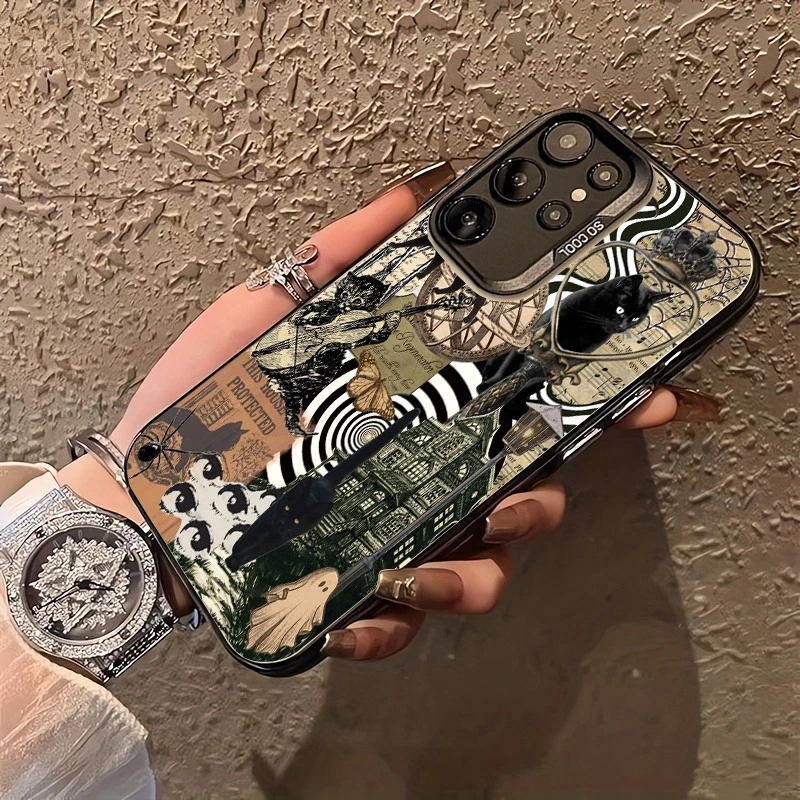 Diseño de patrón de Casa Encantada de murciélago y calavera de gato negro para iPhone 16, 15 14 13 12Pro Max, funda especial para teléfono, tendencia de moda