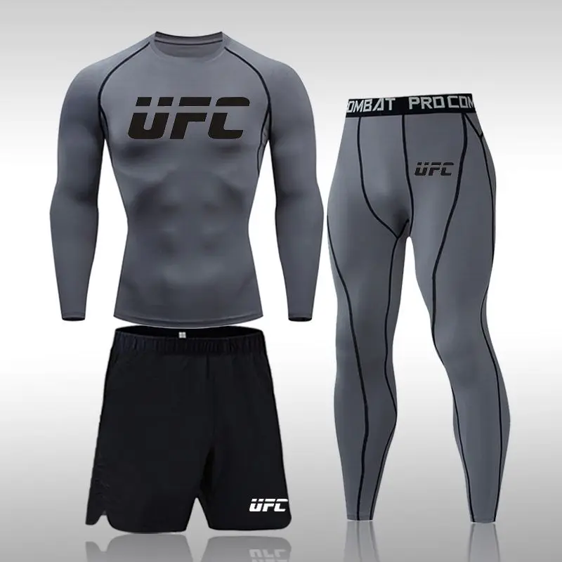 UFC Training Suit Long Sleeve Quick Dry Stretch Compression Set Mens Running Basketball Streetwear Trendy