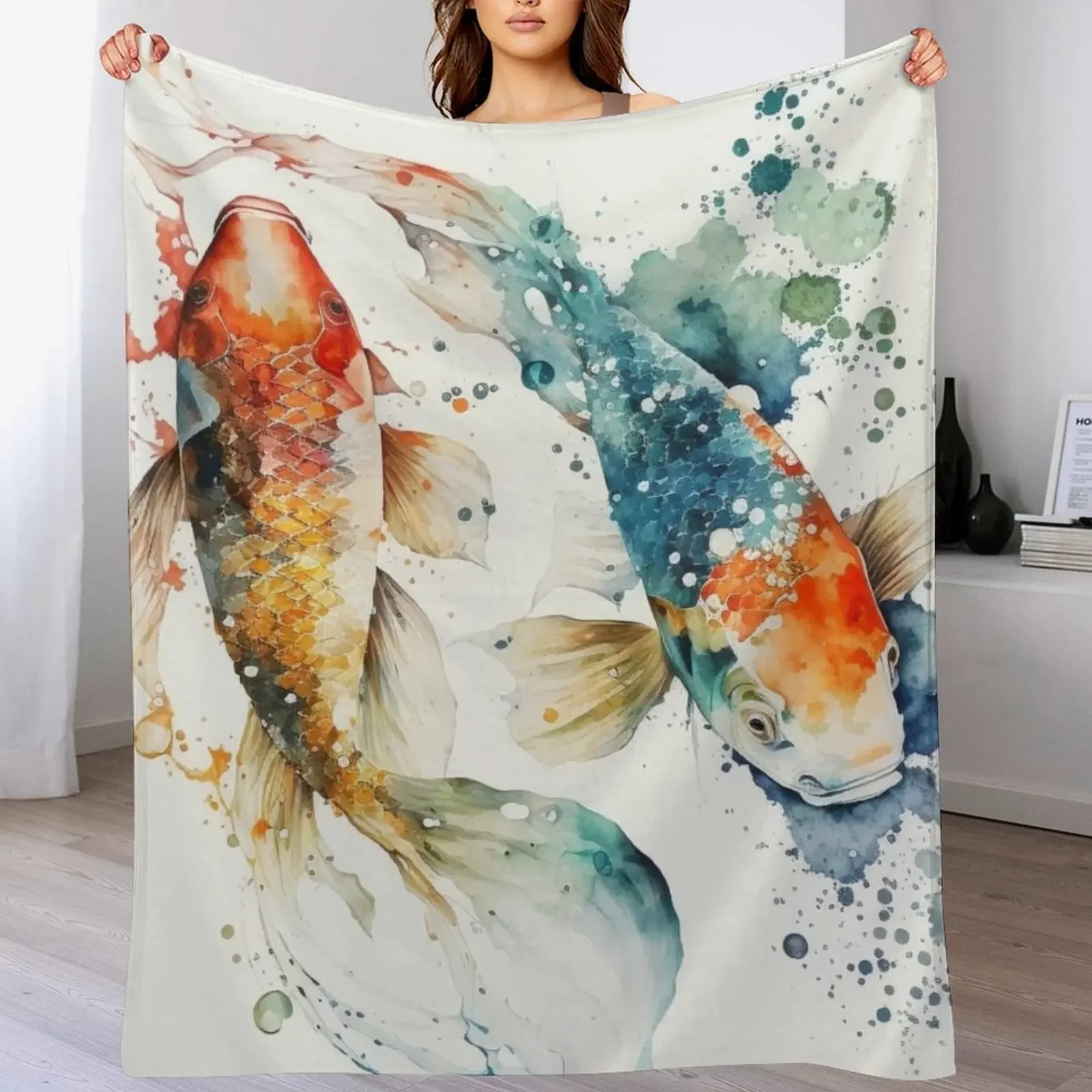 koi fish watercolor Throw Blanket Hairys Fashion Sofas Retros Furry Blankets