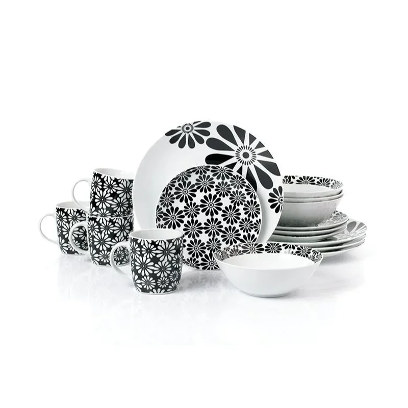 

KEEHOME FINAL SALE *** Waterside London 16pcs Black & White Kira Porcelain Dinner Set