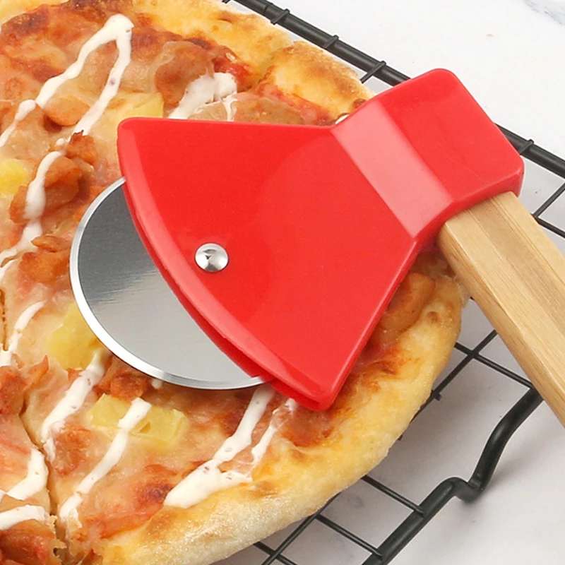 Stainless steel axe pizza cutter Wooden handle Baking tool Single wheel pie cutter1pc