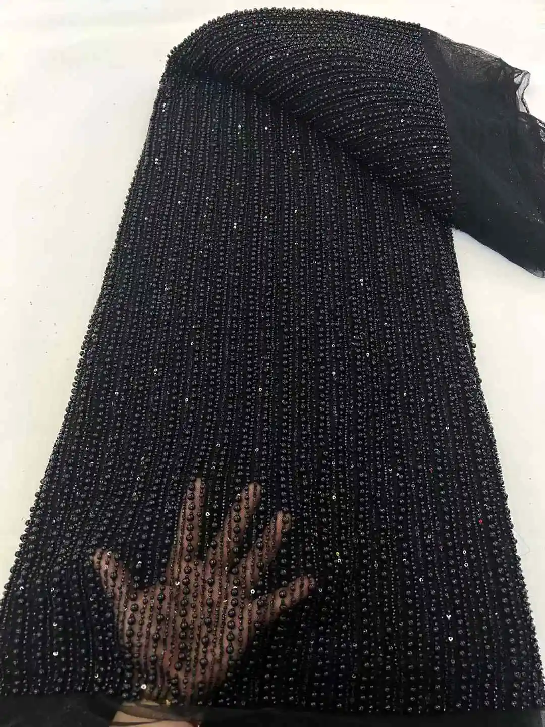 Handmade Heavy Beads and pearl Net Lace Sequins Laser Embroidery Fabric for Wedding or Evening Dress, Classical and Luxury XC