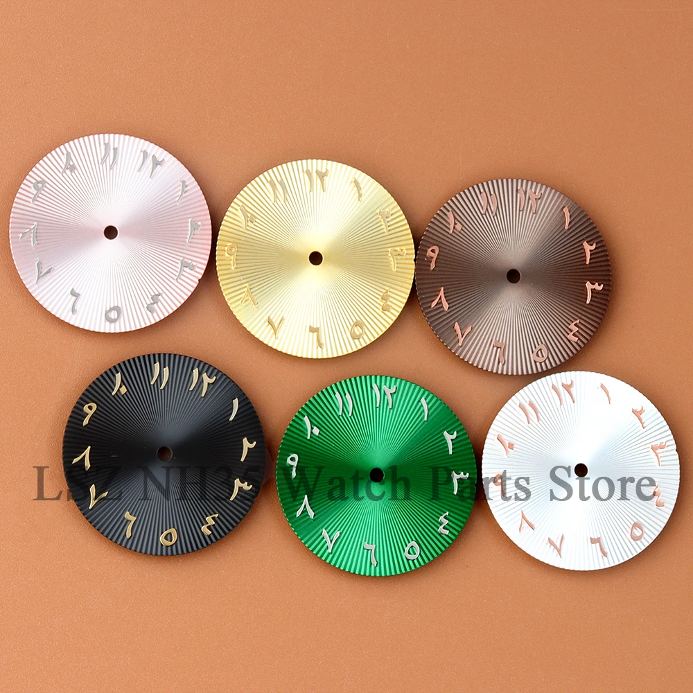 Quadrante con numeri arabi nero marrone verde blu rosa da 28,5 mm non luminoso per movimento NH35/NH36 quadrante in acciaio inossidabile riparazione orologio