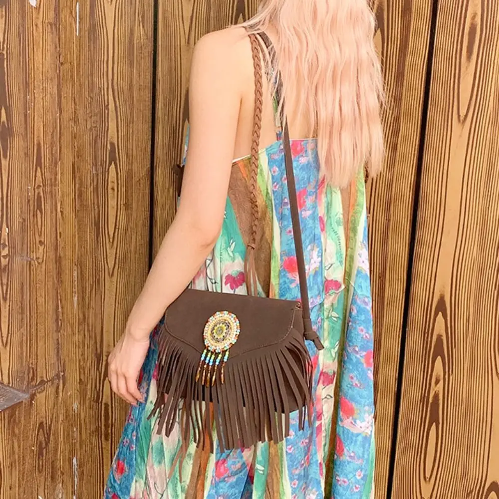 

Korean Style Tassel Shoulder Bag PU Leather Large Capacity Suede Crossbody Bag Vintage Bohemian Style Ethnic Style Handbag