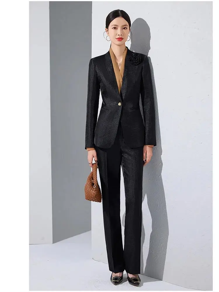 Women Blazer Pants Sets Gold Appliques Two Pieces 2024 Autumn Work wear Trousers Formal Solid Color Long Sleeve Tops Pantsuit