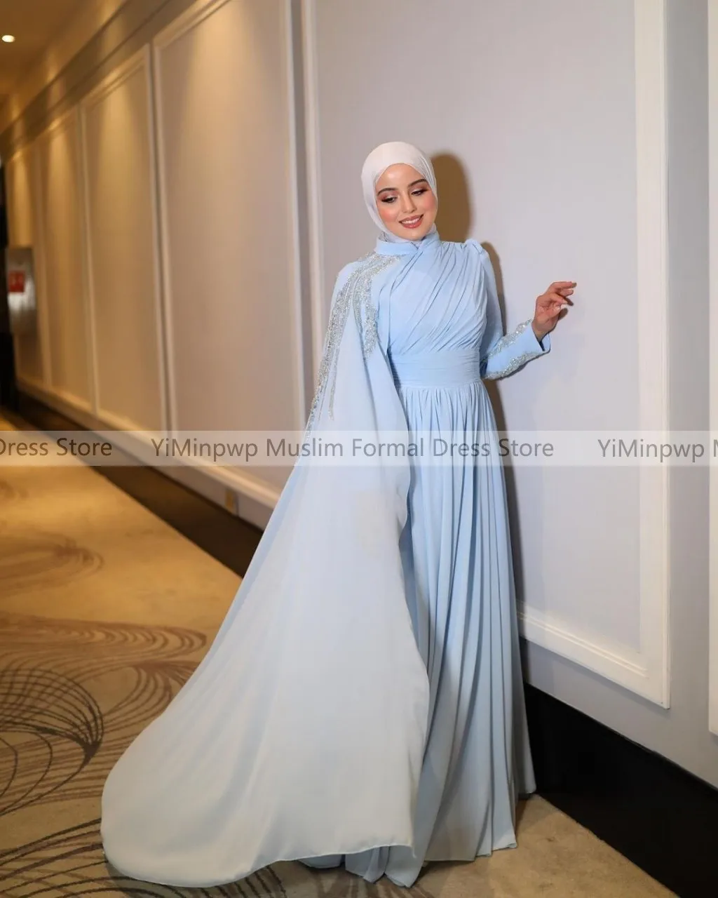 Light Sky Blue Prom Dresses for Hijab Women High Neck Long Sleeve Cape Floor Length Sequined Muslim Formal Gowns Customized