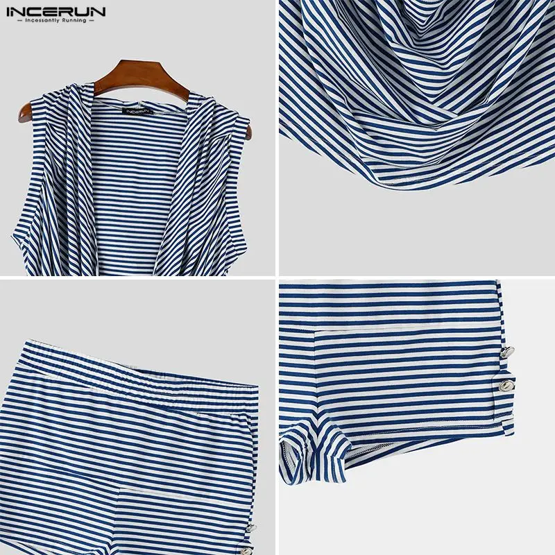 INCERUN Men Striped Sets Summer Hooded Sleeveless Tank Tops Shorts Two Piece Sets Streetwear 2026 Loose Casual Men Matching Sets view 6