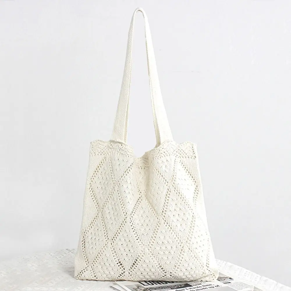 

Soft Solid Color Knitting Shoulder Bag Large Capacity Hollow Out Bohemian Crochet Tote Bag Versatile Casual Woven Handbag Women