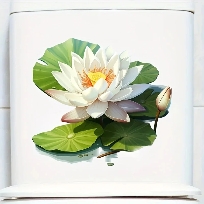MT1474# Elegant White for Lotus Flower Toilet Lid Sticker , Self-Adhesive Bathro Home Decor for Bedroom and Bathroom Walls