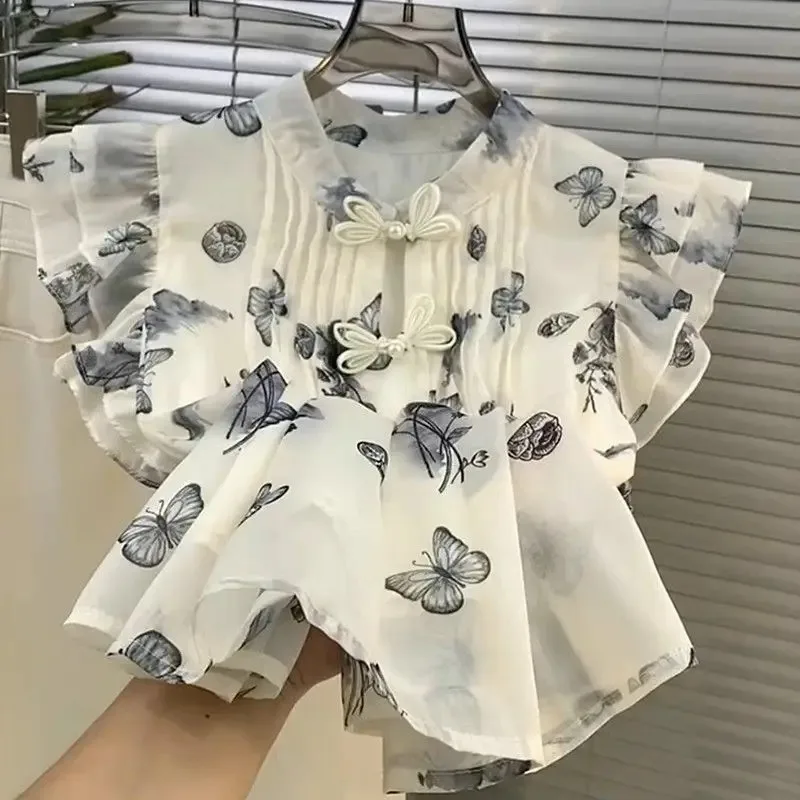

Floral Flying Sleeve Blouse Women Chinese Style Trendy Button Retro Thin Chic Age-reducing Leisure All-match Daily Graceful Cozy
