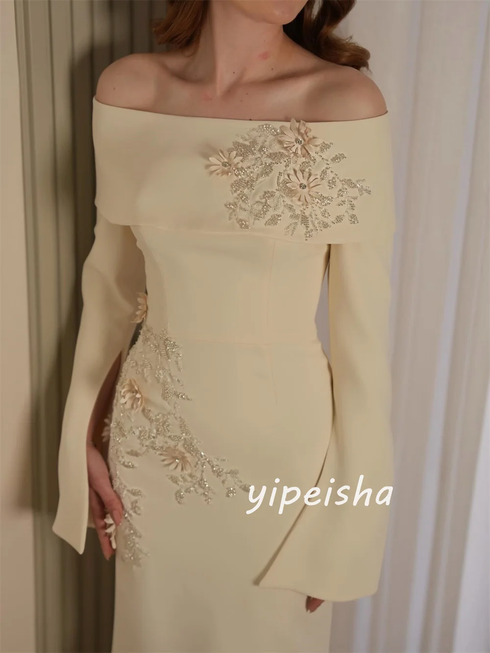 Customized Pink Intricate Pastrol Jersey Handmade Flower Beading Sequined Straight Off-the-shoulder Long Dresses Evening Dresses