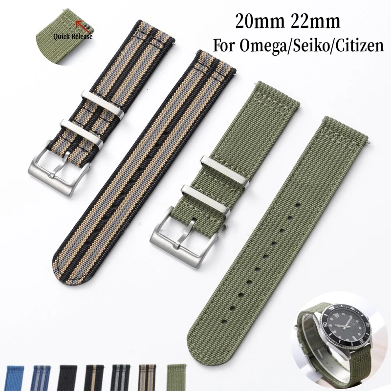 Bracelet de montre NATO en nylon côtelé à dégagement rapide, deux pièces, 20MM 22MM, bracelet de montre en nylon souple pour Omega/Cariter/Seiko/Citizen et hommes