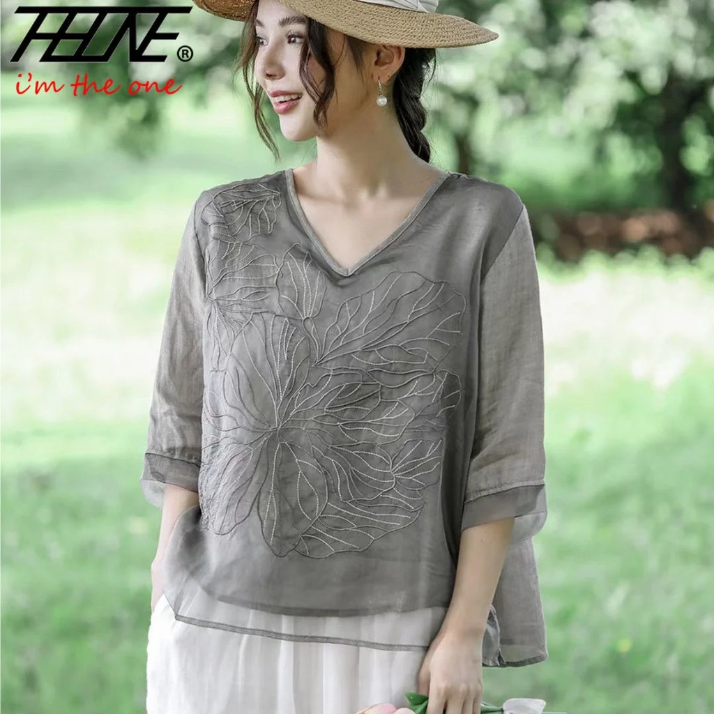 Women\'s Clothing Shirts Blouse Summer Cotton Linen Blusa Mujer Embroidery V-Neck Solid Vintage Casual Camisas Loose