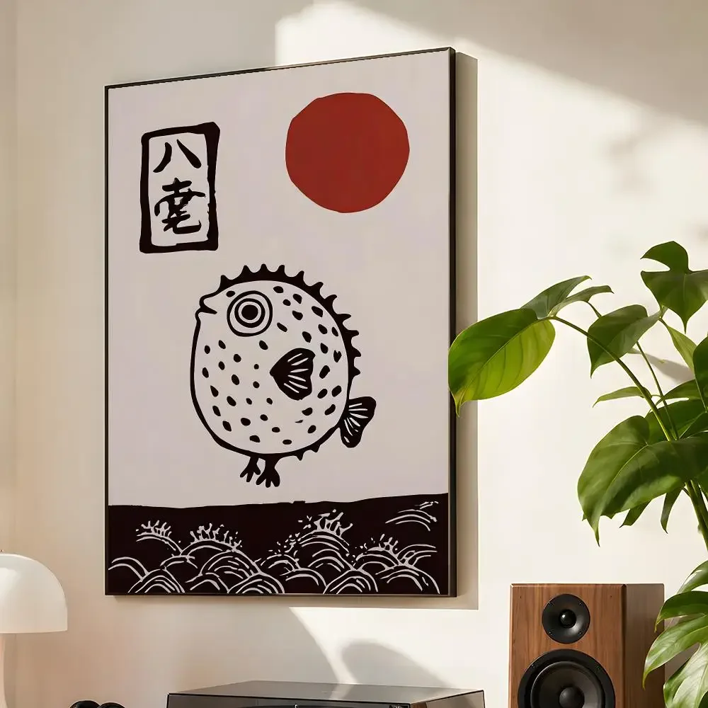 Ocean Wave Fish Japanese Pufferfish Minimalist Colorful Vintage Marine Poster Matte Wall Art Waterproof Room Decoration Bedroom