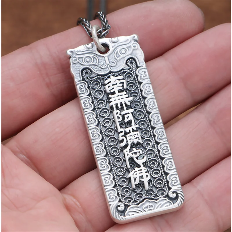 Vintage Sanskrit Sutra Pendant Necklace For Men Jewelry Tibetan Silver Mantra Necklace Male Retro Nanno Amitabha Amulet Pendant