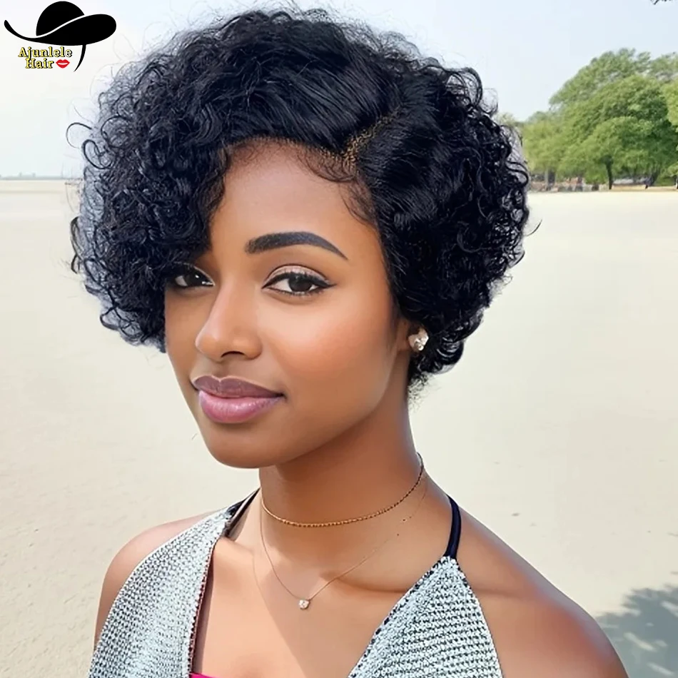 숏 픽시컷 워터 컬리 100% 인도산 인모 가발 13x1 레이스 프론트 가발 여성용 내추럴 컬러 투명 HD 레이스 가발