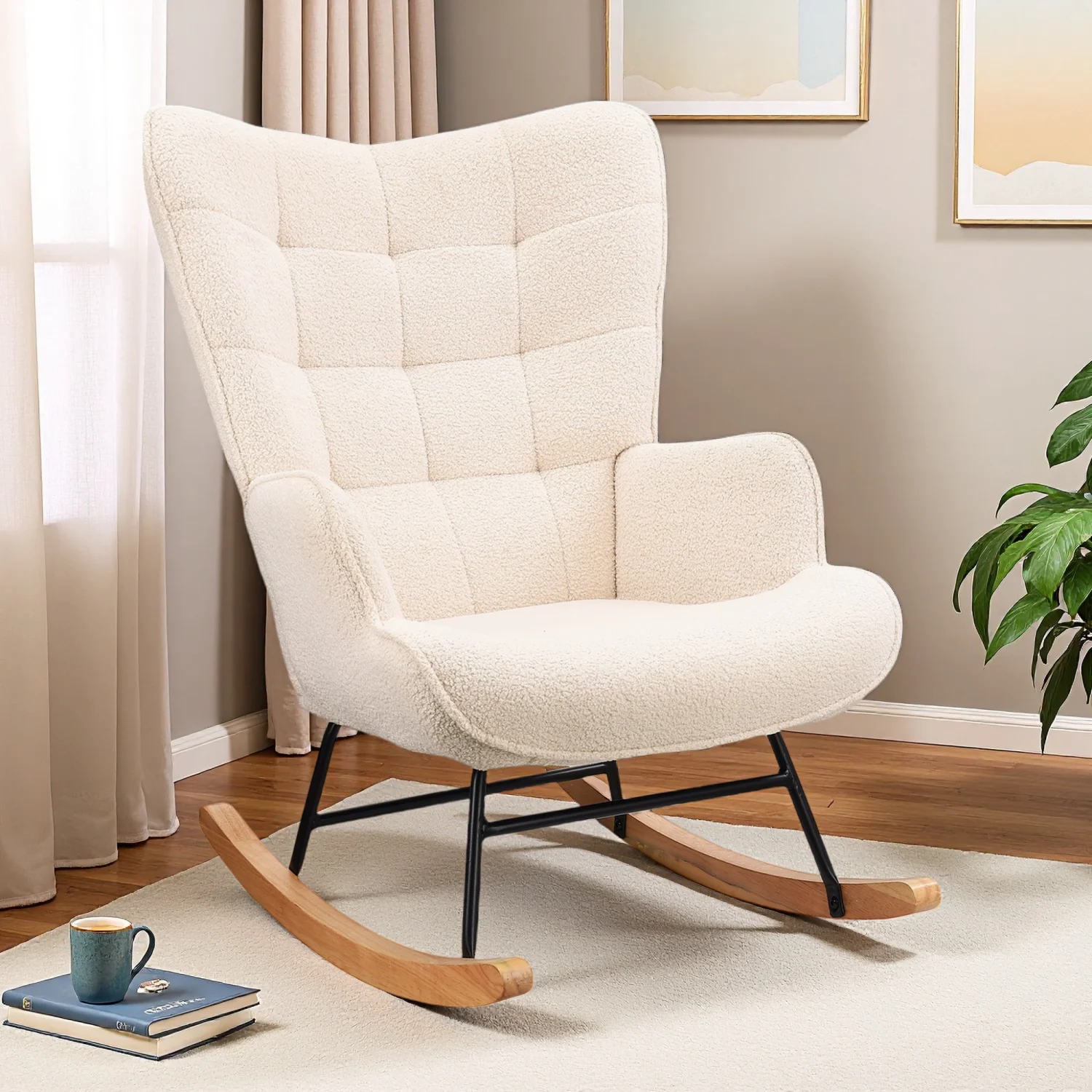 Chaise à bascule Rosahqnda avec dossier, chaise à bascule rembourrée pour salon, chambre à coucher, balcon, chaise relaxante, beige, gris, rose