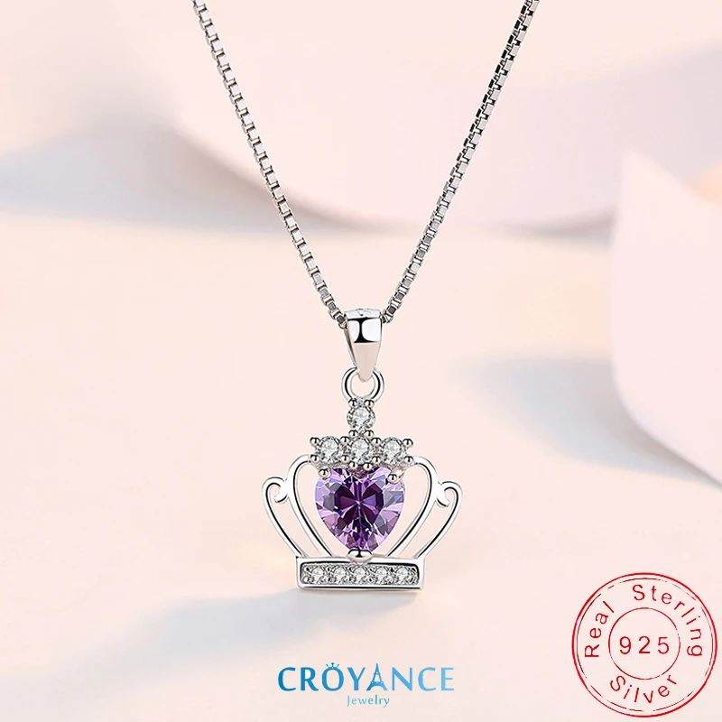

925 Sterling Silver Fashion Fine Crown Zircon Pendant Necklaces Women Jewelry Birthday Gift Purple Heart CZ Charm Clavicle Chain
