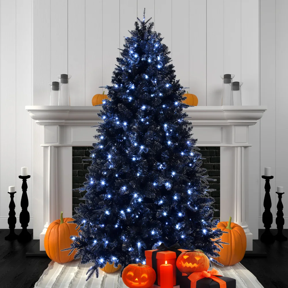 Pre Lit Black Christmas Tree, All Halloween Artificial Tree with 3176 Branches, 750 Lights, Metal Hinges, Foldable Base 9-foot