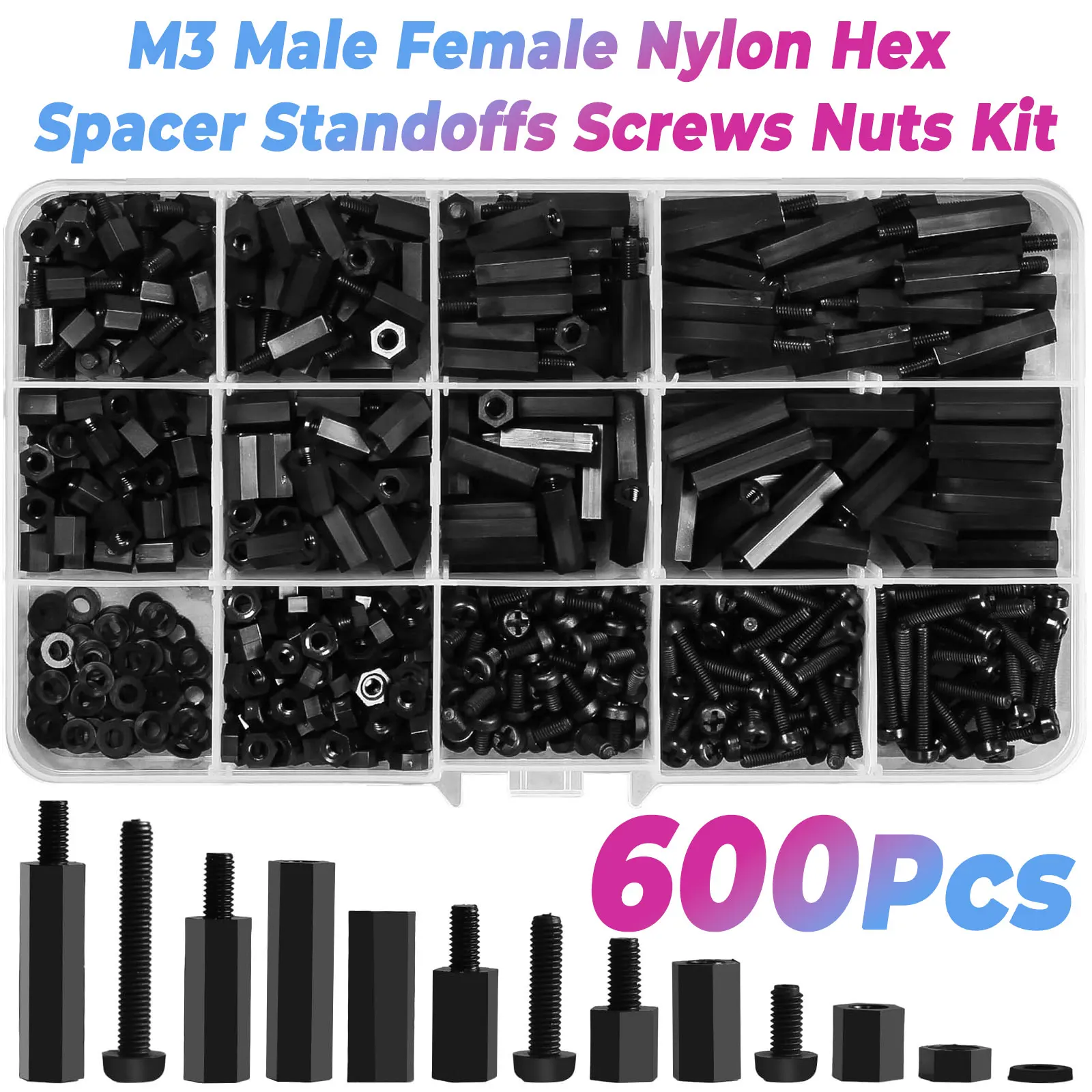 Kit d'entretoises en Nylon M3, 600 pièces, entretoises hexagonales mâles et femelles, vis et écrous pour assemblage de circuits imprimés de carte mère PCB, noir