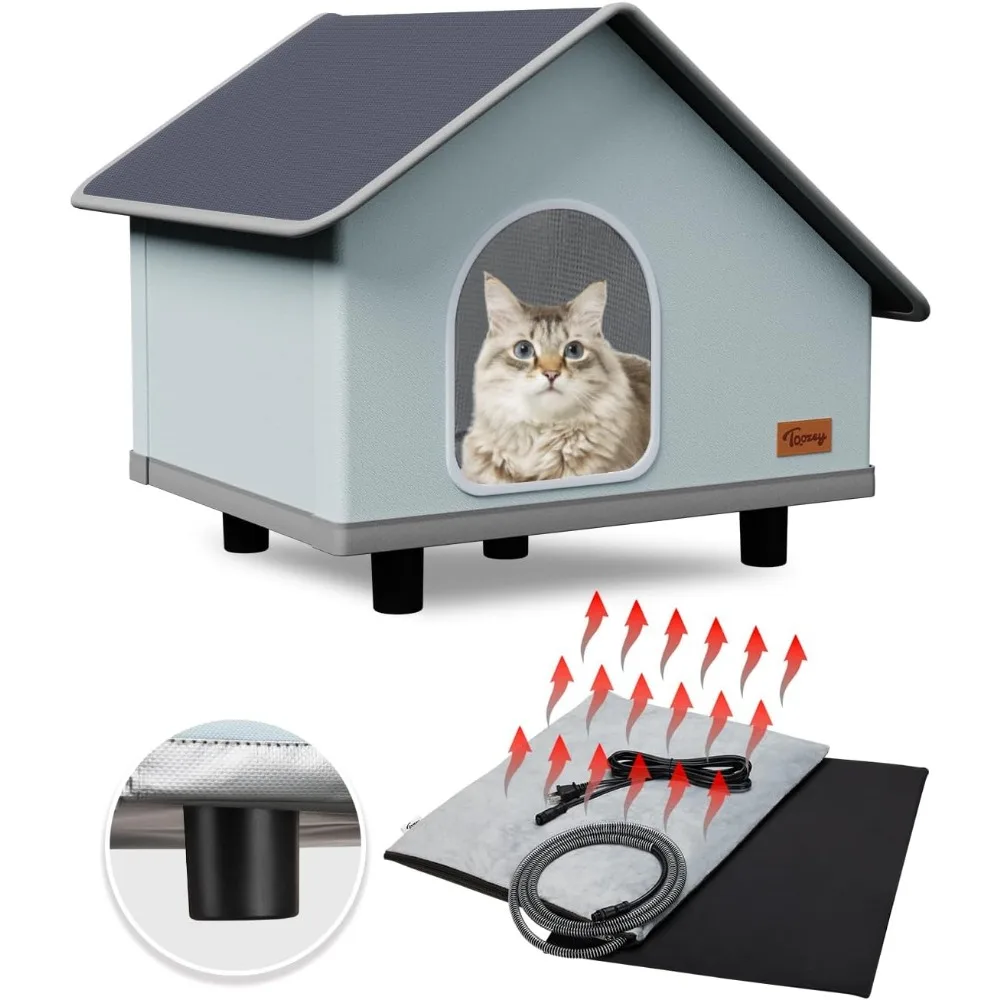 

Large Elevated Heated Outdoor Cat House 100% Waterproof with Insulated Aluminum, 2 Mat, Sturdy Safe Feral Shelter