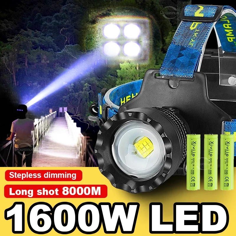 

1600W Super Bright LED Headlight Hight Power Head Torch USB Rechargeable Headlamp IPX6 Waterproof Head Lantern For Outdoor