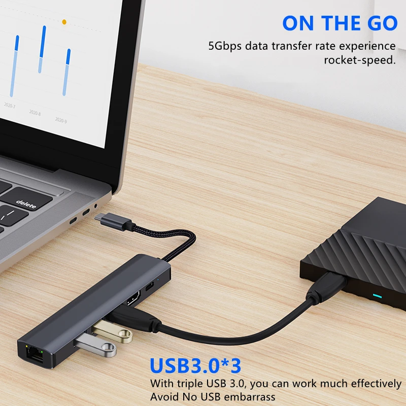 Док-станция 5/6 в 1, USB C, Gigabit 1000m, Ethernet, USB 3,0, HDMI, 4K, 100 Вт