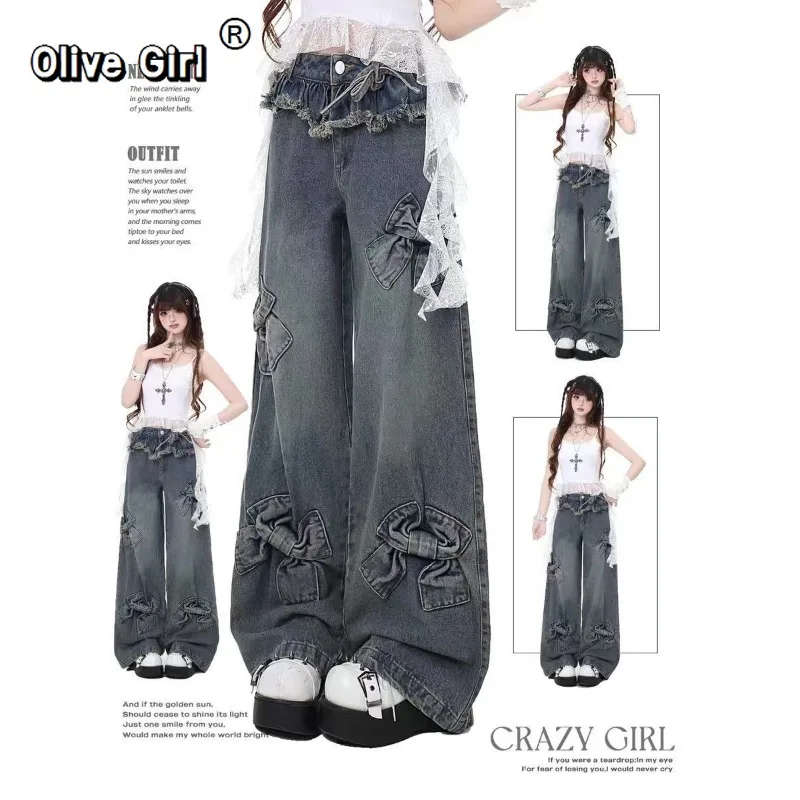 Olivegirl Denim Jeans Bow Y2k Harajuku American Retro Jean Trousers Oversized Women Patchwork Loose Wide Leg Floor Pants