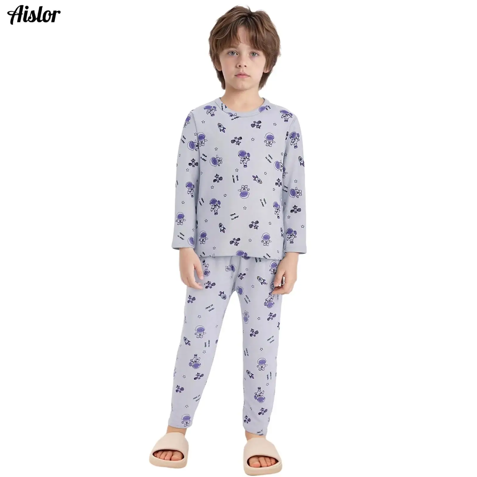 

Kids Boys Thermal Underwear Cute Printed Pajama Set Nightwear Loungewear Long Sleeve Round Neck Top with Elastic Waistband Pants