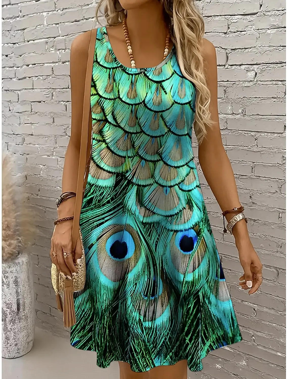 Schulterfreies, ärmelloses A-Linien-Minikleid für Damen mit Rundhalsausschnitt, Tiermuster, Gelb, Rot, Blau, Lila, lässiges Frühlings- und Sommerkleid