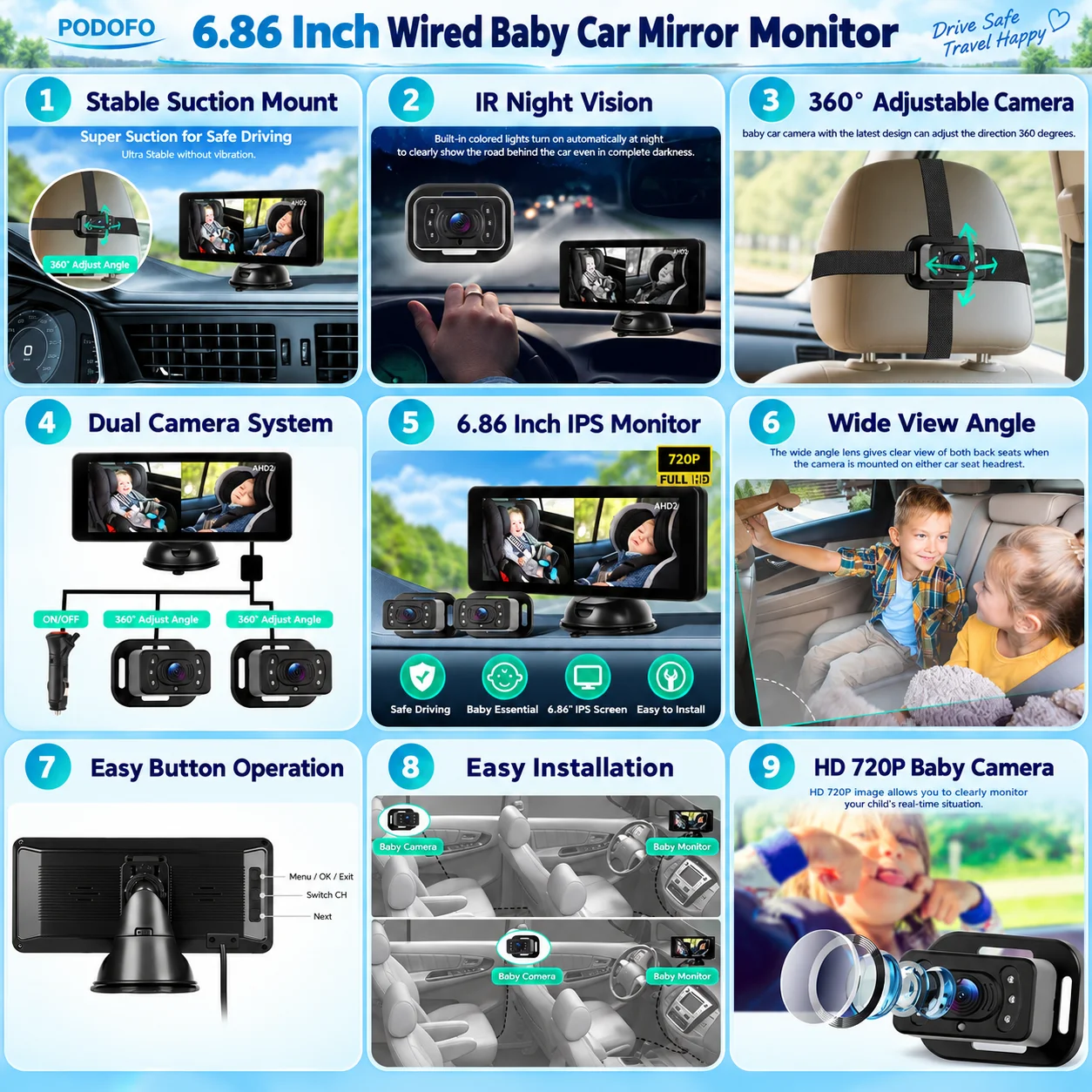Monitor per auto con schermo IPS da 6,86 pollici, dotato di doppia telecamera AHD 720P, visione notturna, obiettivo grandangolare e connessione cablata, ideale per monitorare neonati, bambini, animali