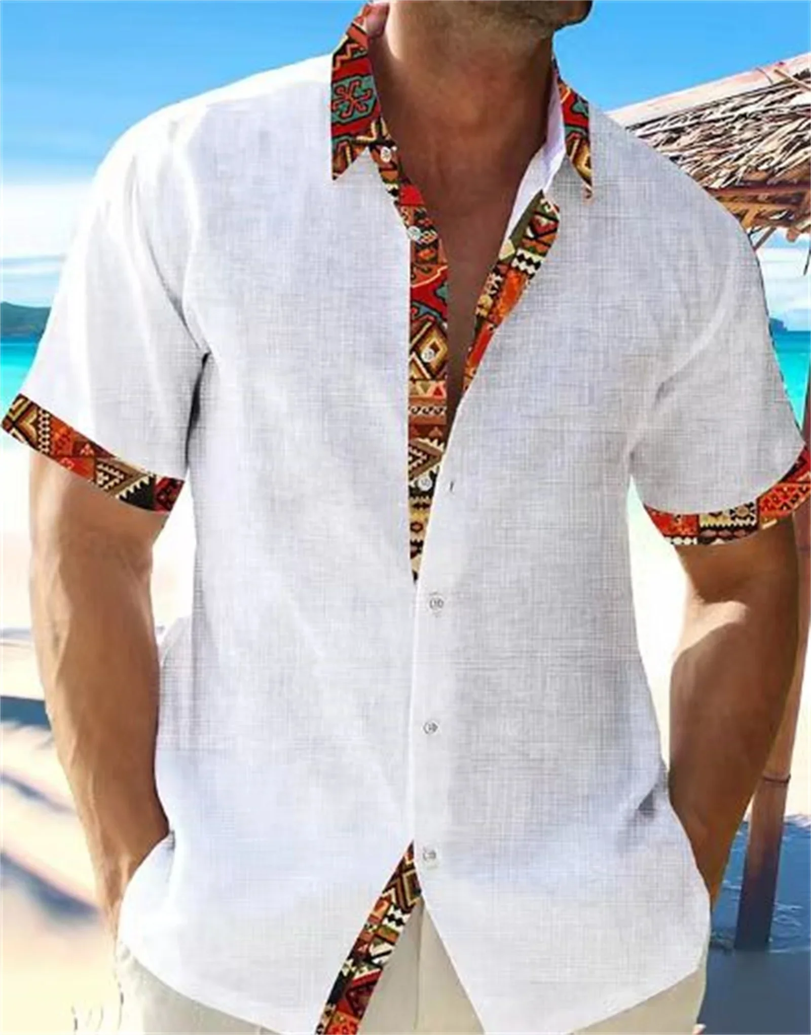 Men's linen simple retro 3D printed ethnic style casual vacation shirt men's business short-sleeved lapel button large-size top