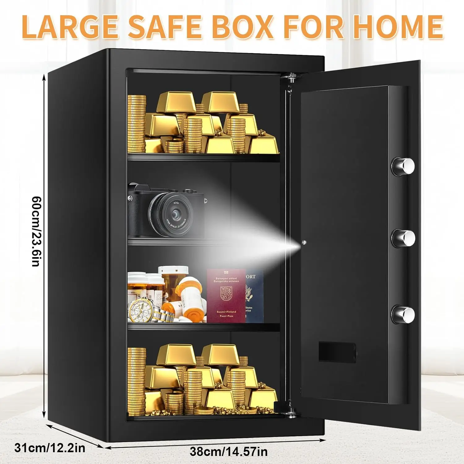 5.0 Cub Large Home Safes Fireproof Wterproof, Anti-theft Fireproof Safe with Programmable Keypad, Spare Keys and Alarm Systerm,