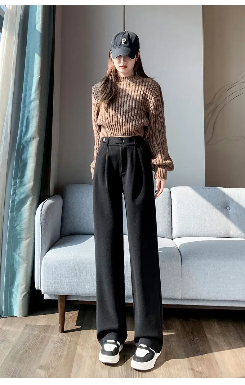 Brown Woolen High-end Suit Pants for Women in Autumn and Winter 2023 New Narrow Version Straight Wide-leg Pants with Drape
